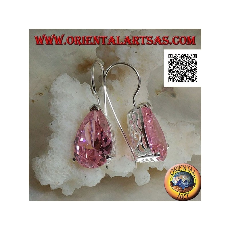 Dangling silver earrings with pink teardrop zircon set on a frame with lateral openings