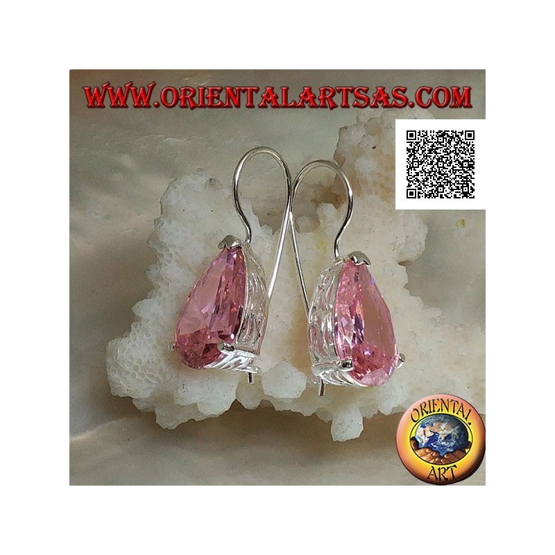 Pendientes colgantes de plata con circonita de lágrima rosa engastados en un marco con aberturas laterales