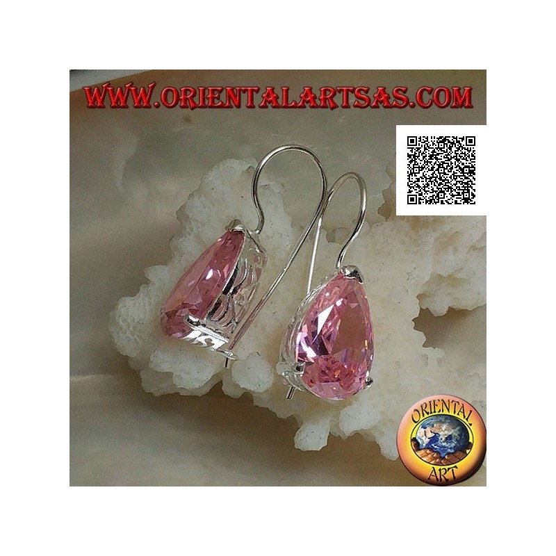 Baumelnde silberne Ohrringe mit rosa Tropfenzirkon auf einem Rahmen mit seitlichen Öffnungen