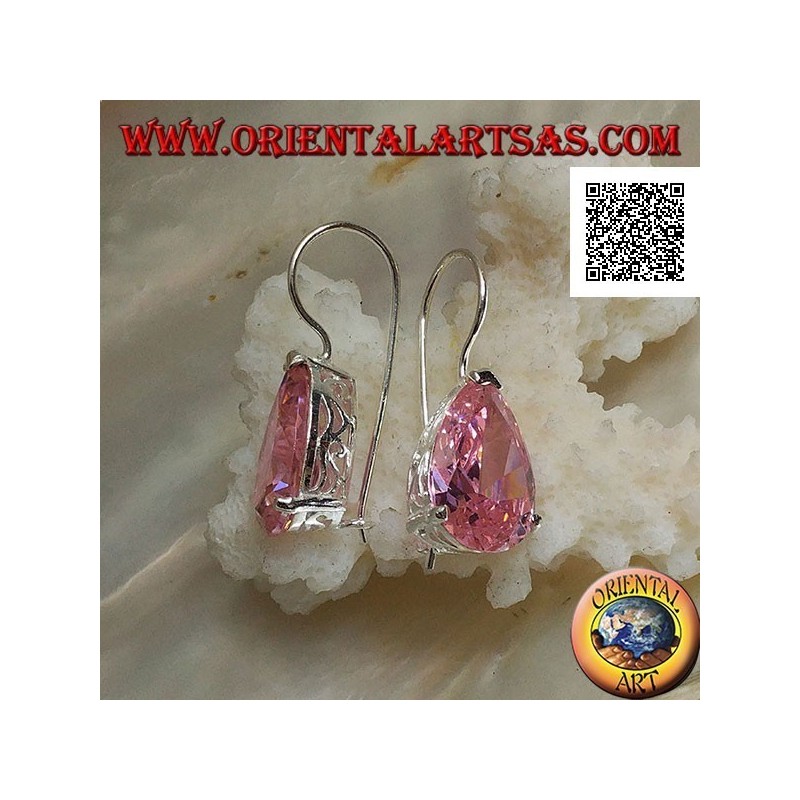 Baumelnde silberne Ohrringe mit rosa Tropfenzirkon auf einem Rahmen mit seitlichen Öffnungen