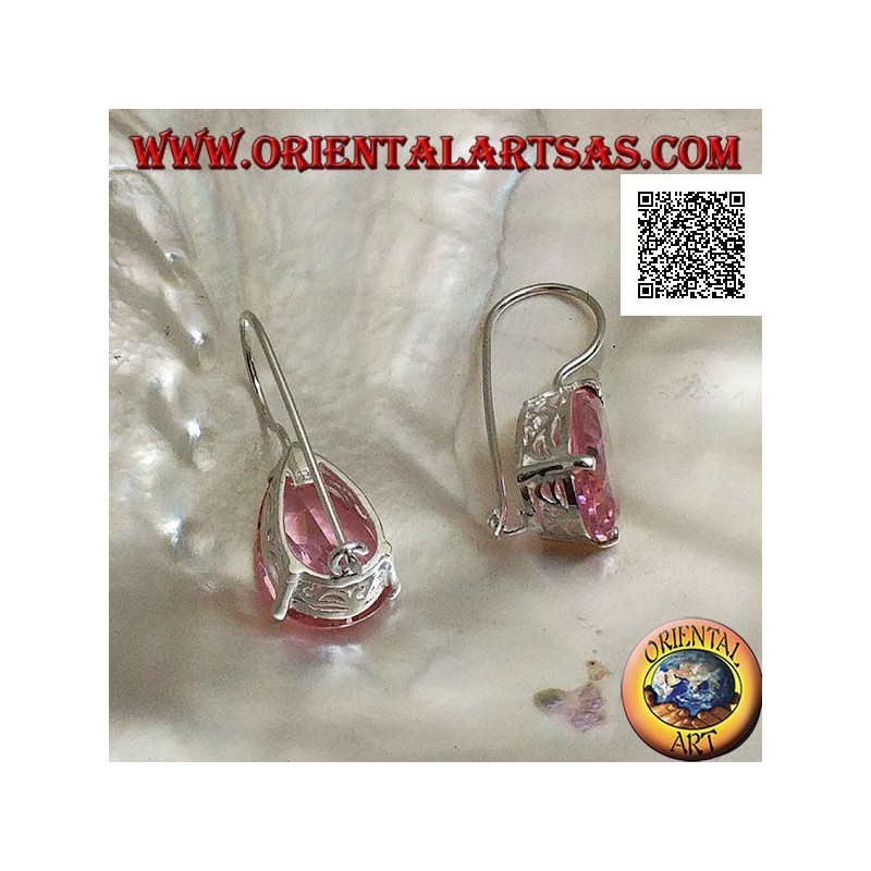 Orecchini in argento pendenti con zircone rosa a goccia incastonato su montatura con trafori laterali