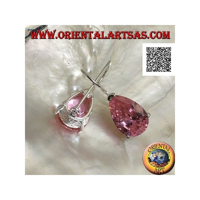 Pendientes colgantes de plata con circonita de lágrima rosa engastados en un marco con aberturas laterales