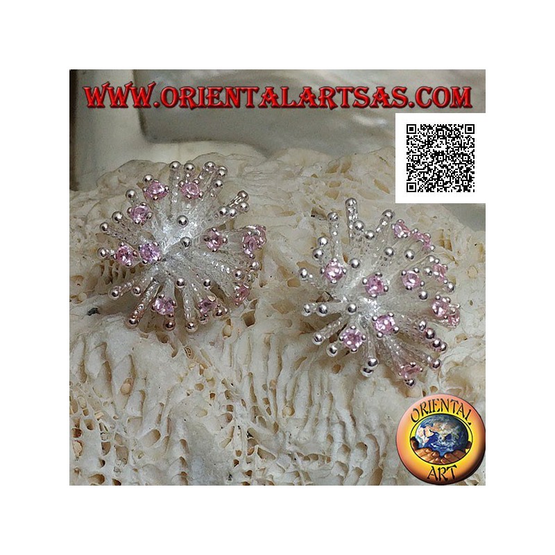 Silver lobe earrings in the shape of a sea anemone with satin finish and pink zircons set