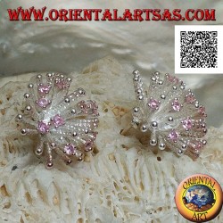 Silver lobe earrings in the shape of a sea anemone with satin finish and pink zircons set
