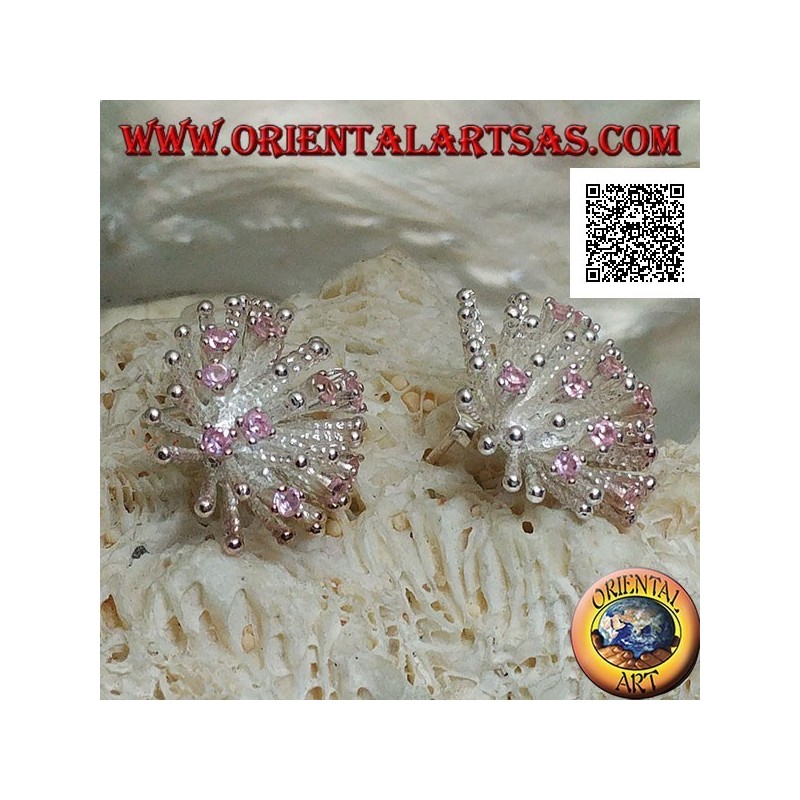 Silberne Ohrringe in Form einer Seeanemone mit Satin-Finish und rosa Zirkonen