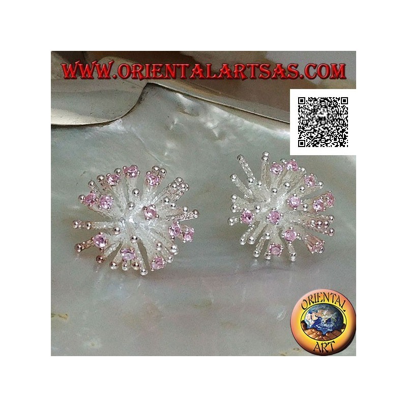 Boucles d'oreilles lobe en argent en forme d'anémone de mer avec finition satinée et ensemble de zircons roses