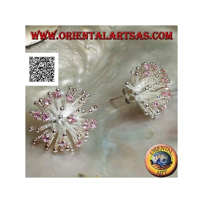 Boucles d'oreilles lobe en argent en forme d'anémone de mer avec finition satinée et ensemble de zircons roses