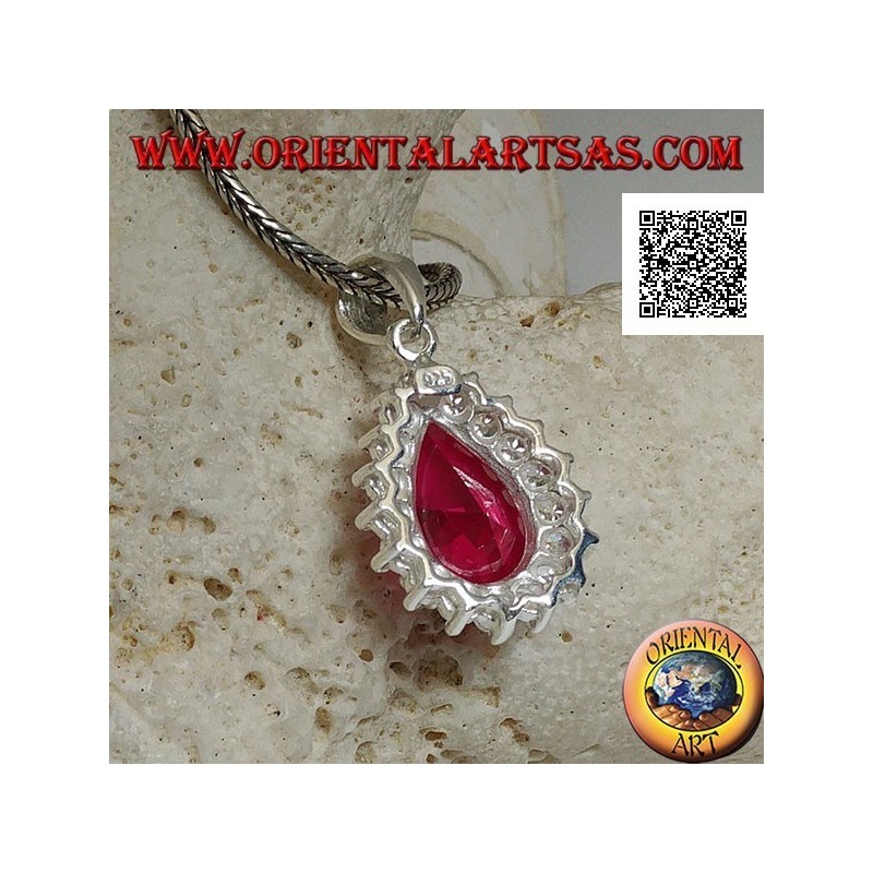 Pendentif en argent avec zircon rubis en forme de goutte entouré de zircons blancs