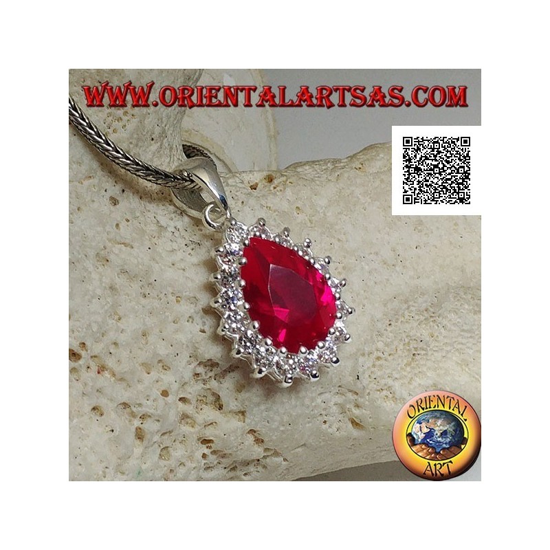 Pendentif en argent avec zircon rubis en forme de goutte entouré de zircons blancs