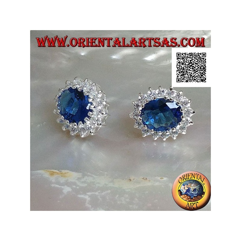 Boucles d'oreilles en argent avec zircon saphir ovale sertis de zircons blancs