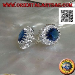 Silver earrings with oval sapphire zircon set surrounded by white zircons