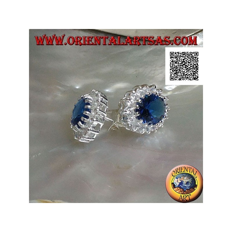 Boucles d'oreilles en argent avec zircon saphir ovale sertis de zircons blancs