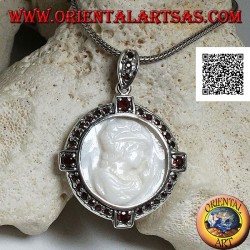 Cameo silver pendant of a young lady on mother of pearl surrounded by garnets