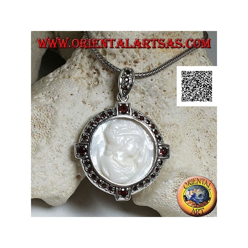 Cameo silver pendant of a young lady on mother of pearl surrounded by garnets