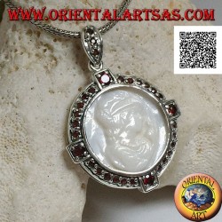 Cameo silver pendant of a young lady on mother of pearl surrounded by garnets