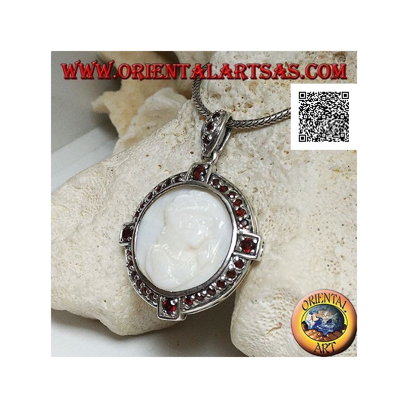 Cameo silver pendant of a young lady on mother of pearl surrounded by garnets
