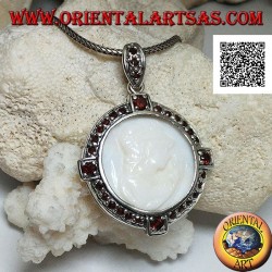 Cameo silver pendant of a young lady on mother of pearl surrounded by garnets
