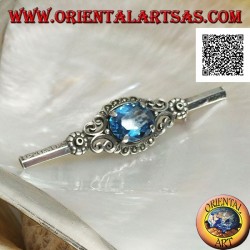 Silver brooch with blue topaz set surrounded by imperial decoration with marcasite on a stick