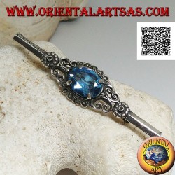 Silver brooch with blue topaz set surrounded by imperial decoration with marcasite on a stick
