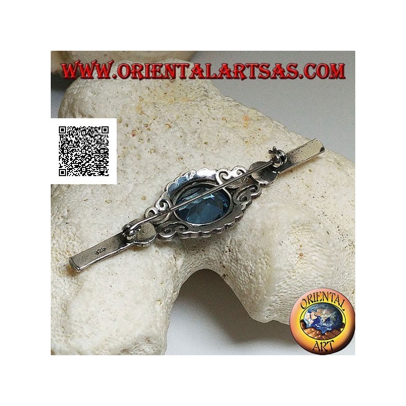 Broche en argent avec topaze bleue sertie de décor impérial avec marcassite sur bâton