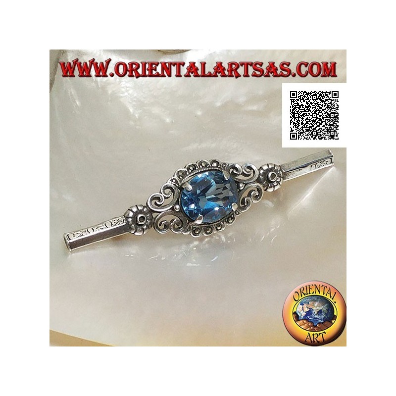 Broche en argent avec topaze bleue sertie de décor impérial avec marcassite sur bâton