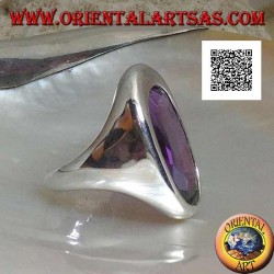 Silver ring with oval faceted amethyst on a smooth asymmetrical oval frame