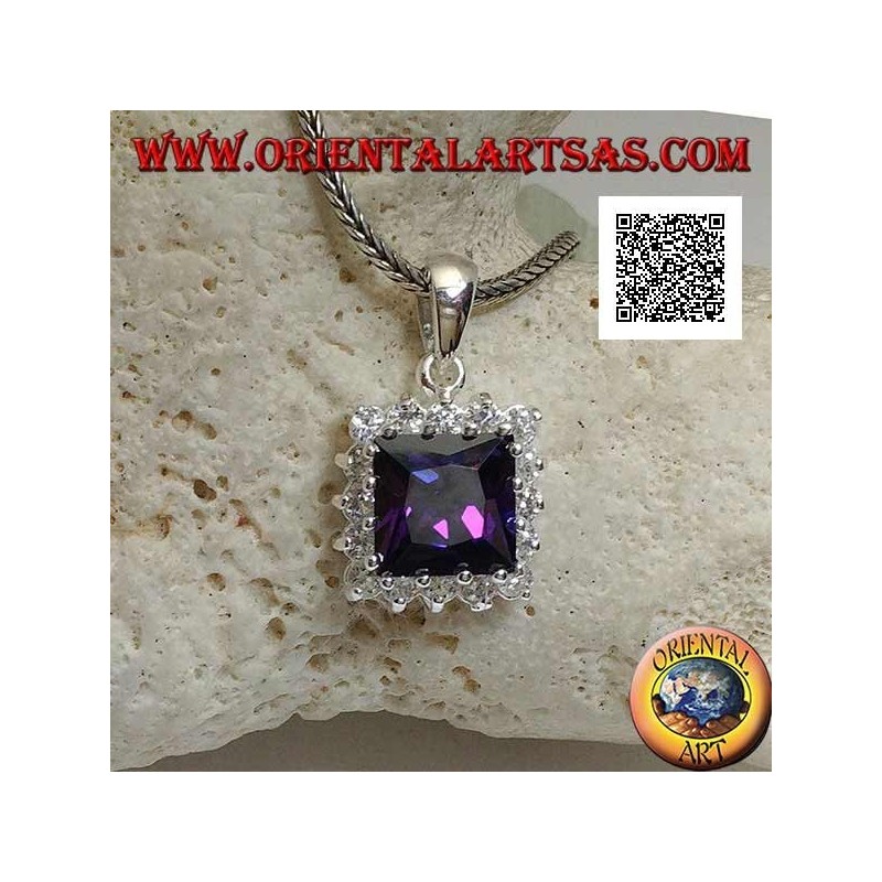 Silver pendant with square amethyst colored zircon set surrounded by white zircons