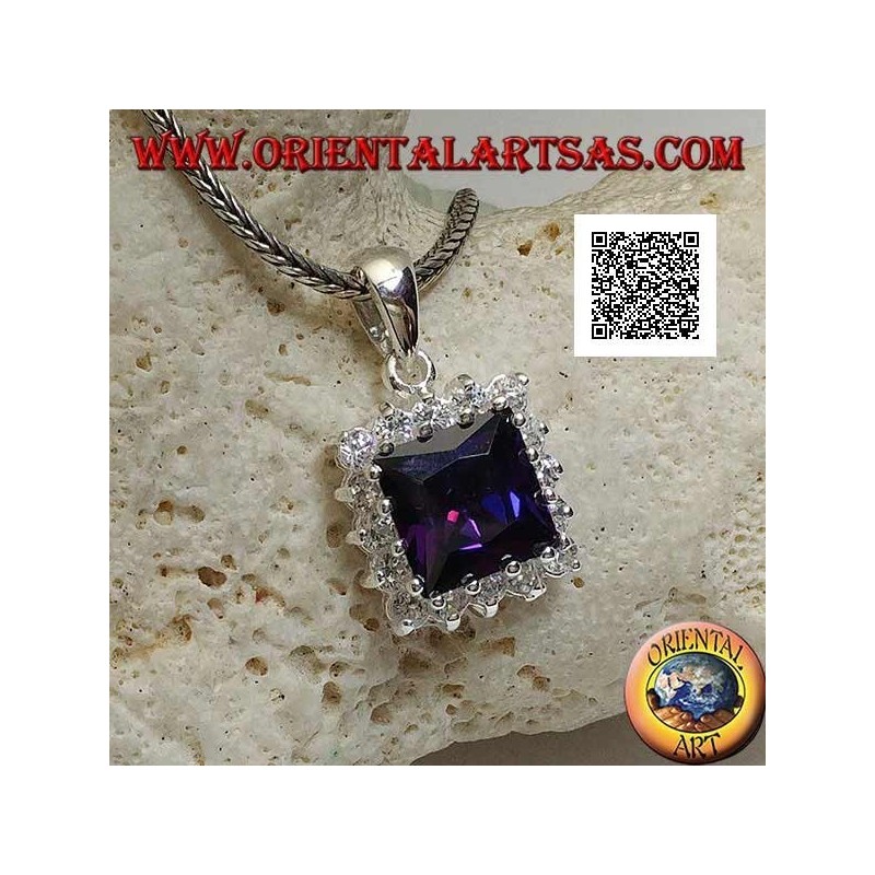 Silver pendant with square amethyst colored zircon set surrounded by white zircons
