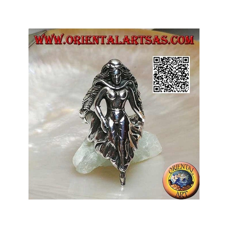 Silver ring, walking fairy with draped skirt