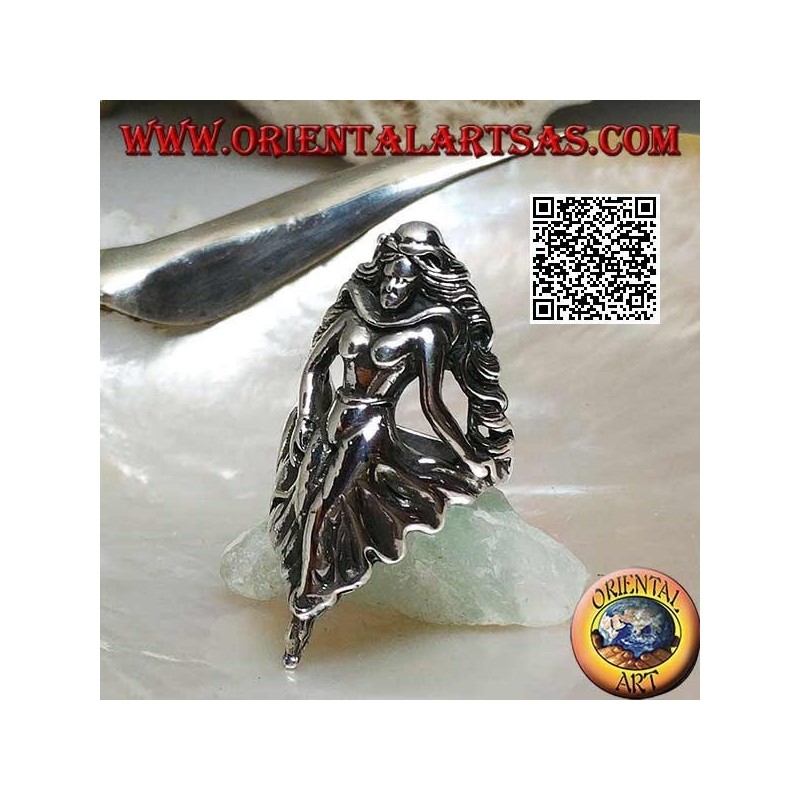 Silver ring, walking fairy with draped skirt