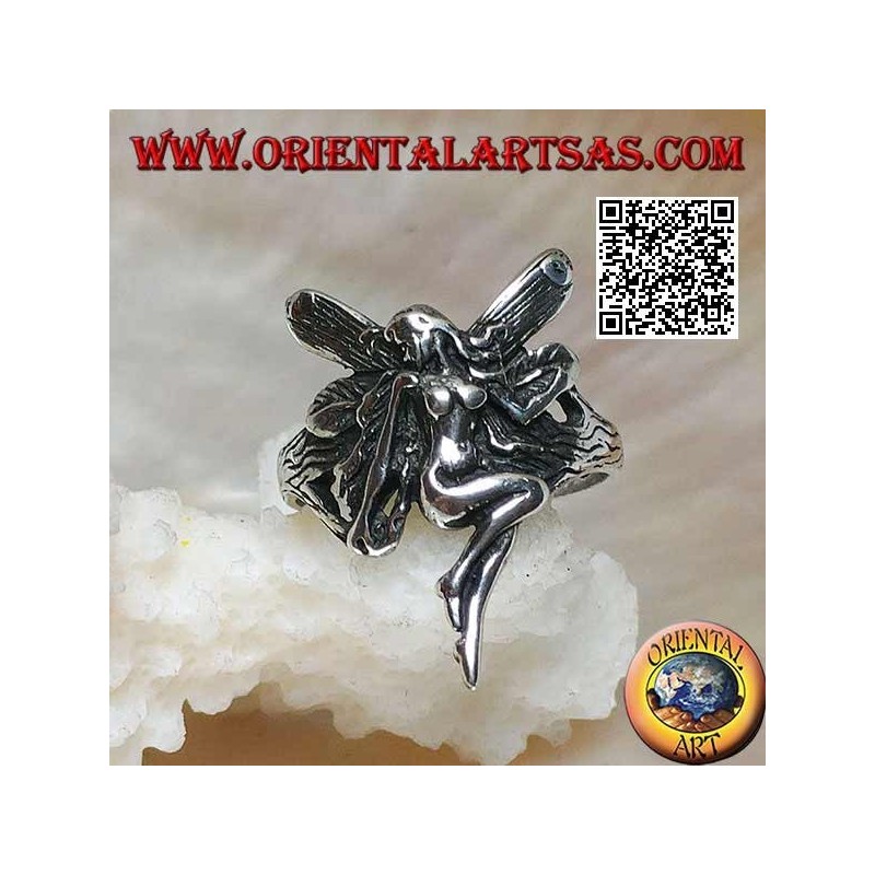 Silver ring, flying fairy in veneration pose