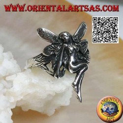 Silver ring, flying fairy in veneration pose