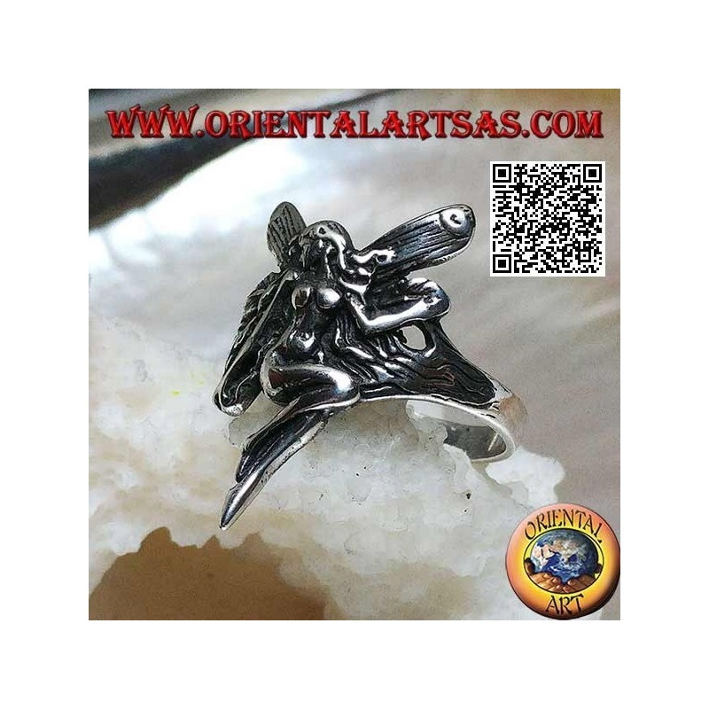 Silver ring, flying fairy in veneration pose