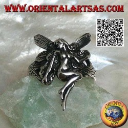Silver ring, flying fairy in veneration pose