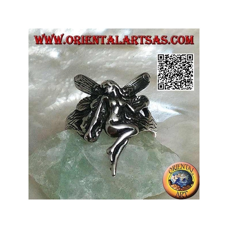 Silver ring, flying fairy in veneration pose