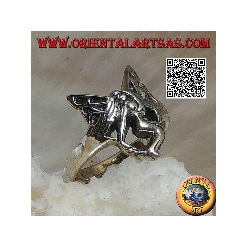 Silver ring, stylized three-quarter flying fairy