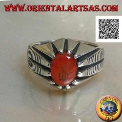 Silver ring with oval carnelian set with Arabic Islamic writing "Allah" and lines on the sides
