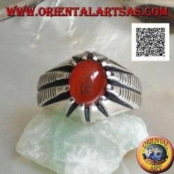 Silver ring with oval carnelian set with Arabic Islamic writing "Allah" and lines on the sides