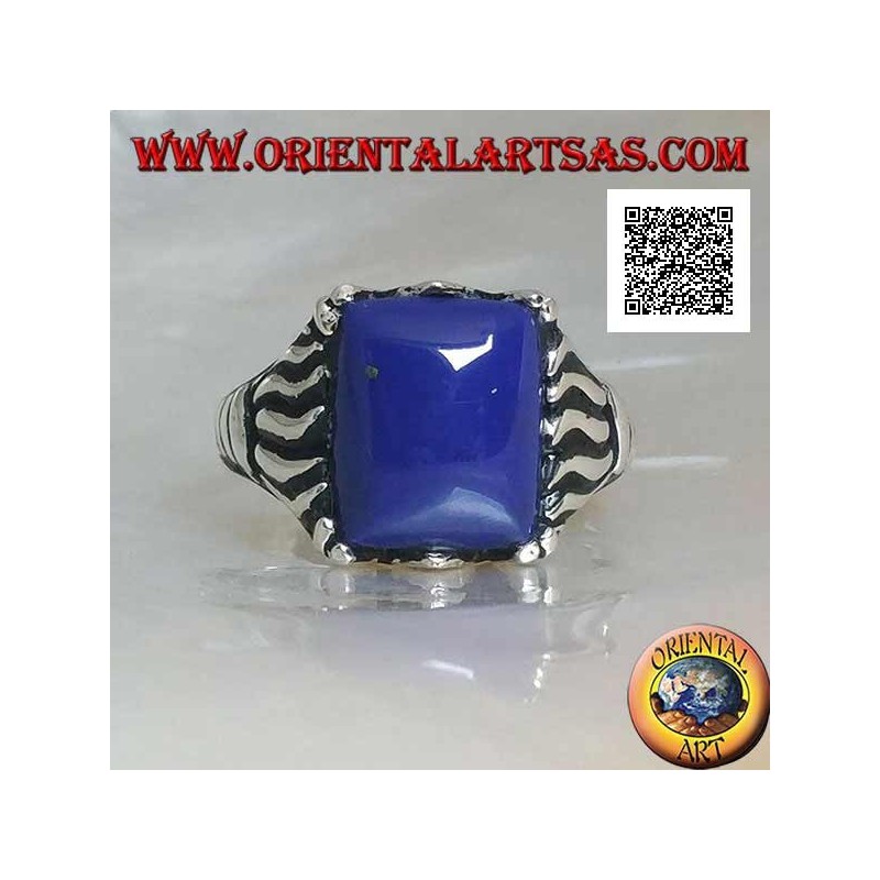 Silver ring with rectangular sodalite set in a cabochon with lines engraved on the sides
