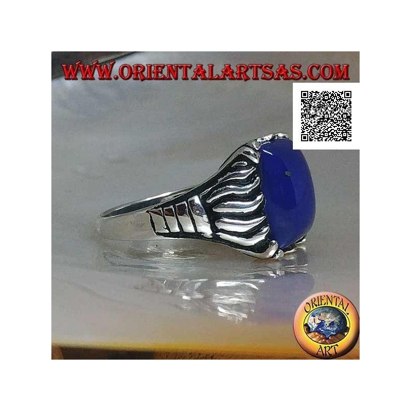 Silberring mit rechteckigem Sodalith in einem Cabochon mit seitlich eingravierten Linien