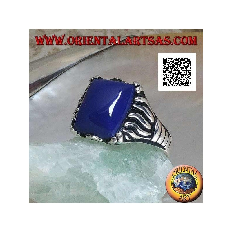 Silver ring with rectangular sodalite set in a cabochon with lines engraved on the sides