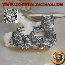 Silver brooch, cat with mice family on the branch