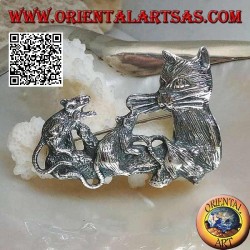 Silver brooch, cat with mice family on the branch