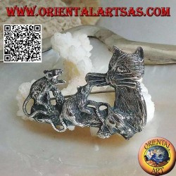 Silver brooch, cat with mice family on the branch