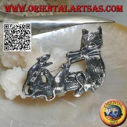 Silver brooch, cat with mice family on the branch