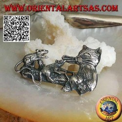 Silver brooch, cat with mice family on the branch