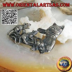 Silver brooch, cat with mice family on the branch