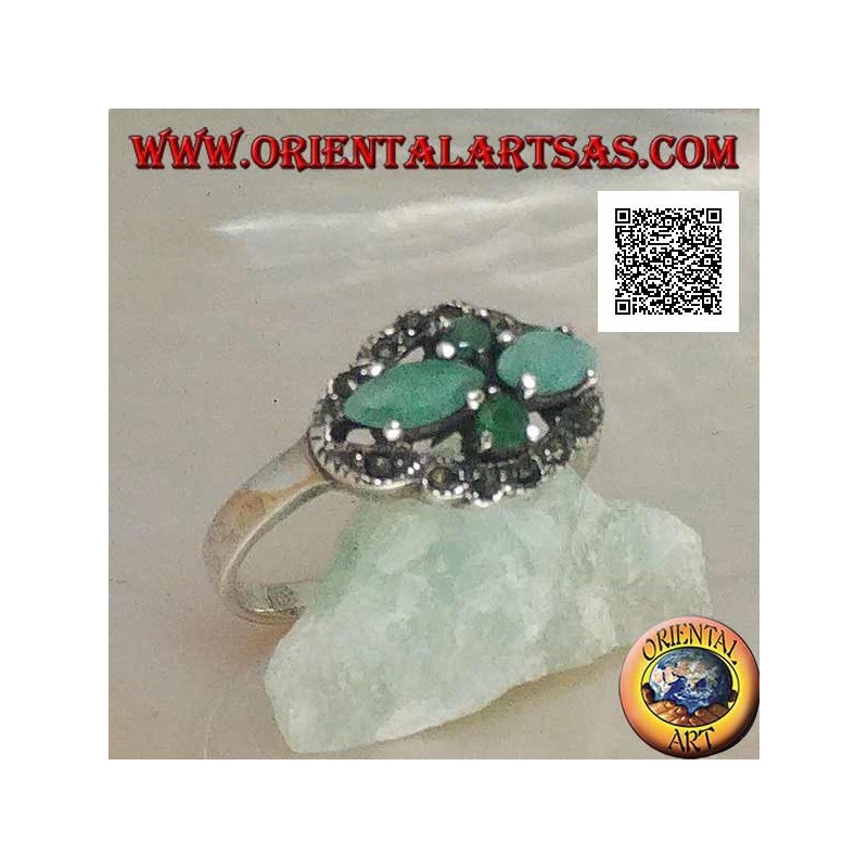 Silver ring with crossed cross pairs of natural shuttle emeralds and round ones surrounded by marcasite