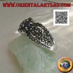 Silver ring with natural round lapis lazuli in the center between two drops studded with marcasite