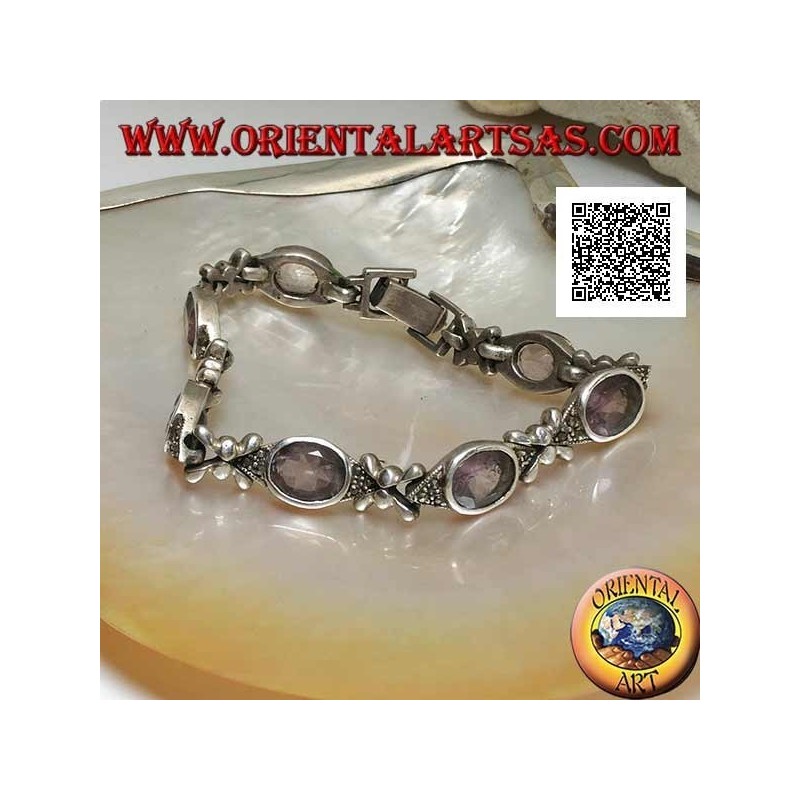 Silberarmband mit 7 Markasit-Shuttles mit zentralem natürlichem ovalem Amethyst im Wechsel mit Silberkreuzen